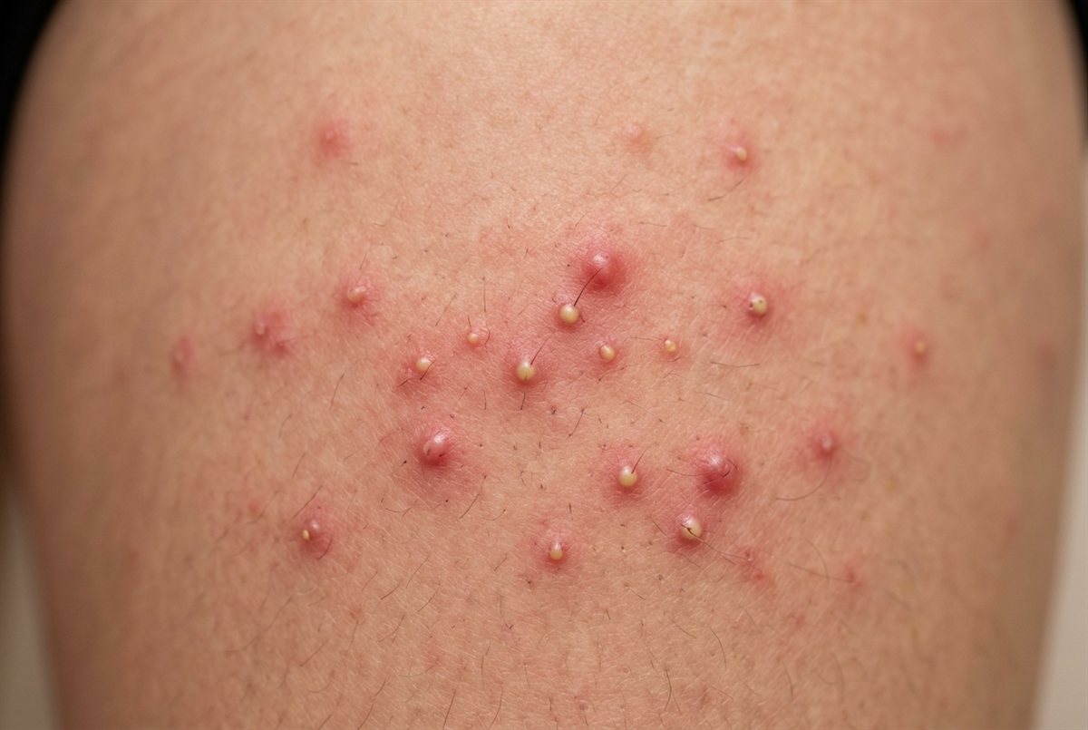 Representative clinical image of folliculitis — small red and pus-topped bumps centered on hair follicles