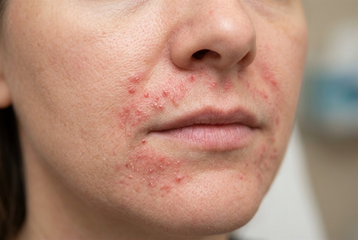 Representative clinical image of perioral dermatitis — small red bumps around the mouth with a clear zone bordering the lips