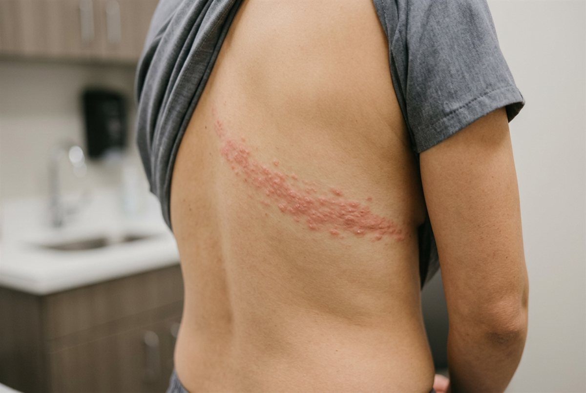 Representative clinical image of a shingles (herpes zoster) rash — a band of clustered blisters on one side of the trunk